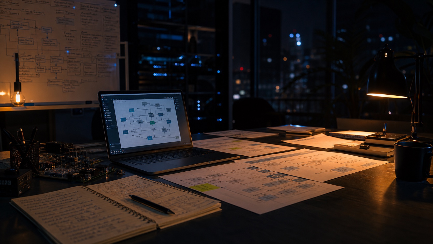 Mesa de trabalho com notebook, mapas de processo e anotações de arquitetura operacional